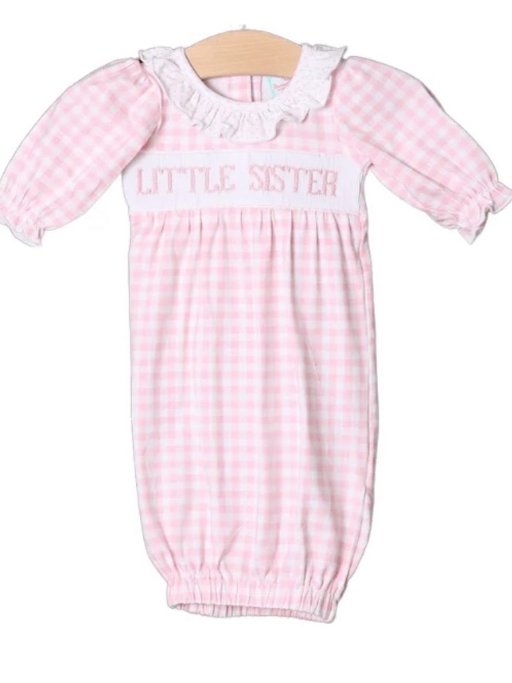 Pink gingham smocked "Little Sister" gown (newborn)
